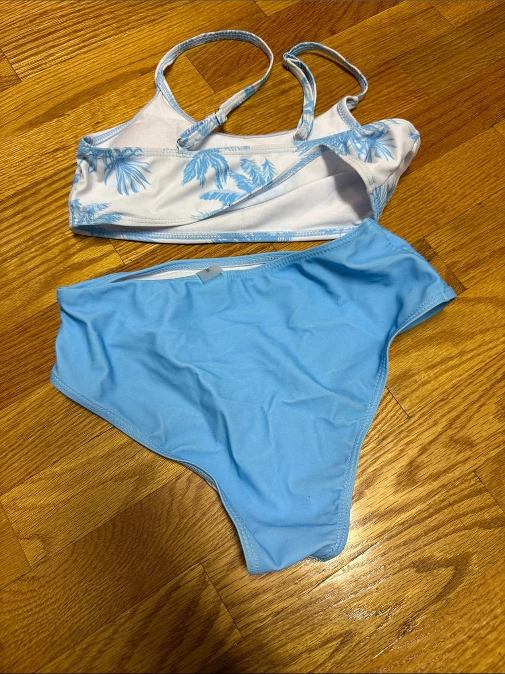 SHEIN Blue and White Palm Print Kids Bikini Set